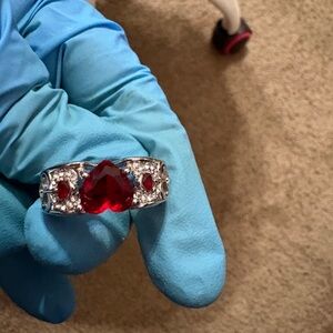 Elegant Silver and Red Heart Ring